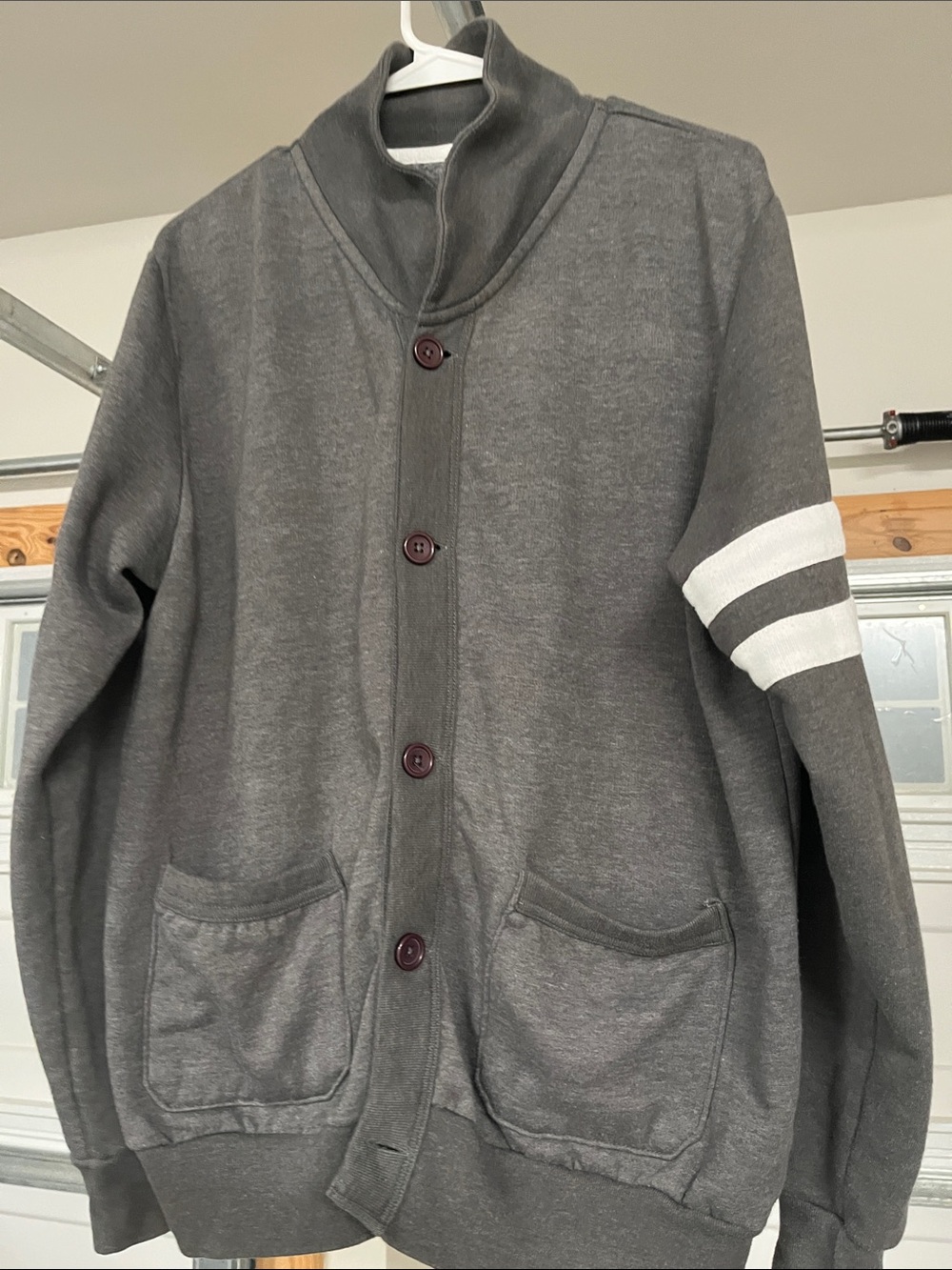 Express Men's Gray Shawl Collar Cardigan with White Sleeve Stripes